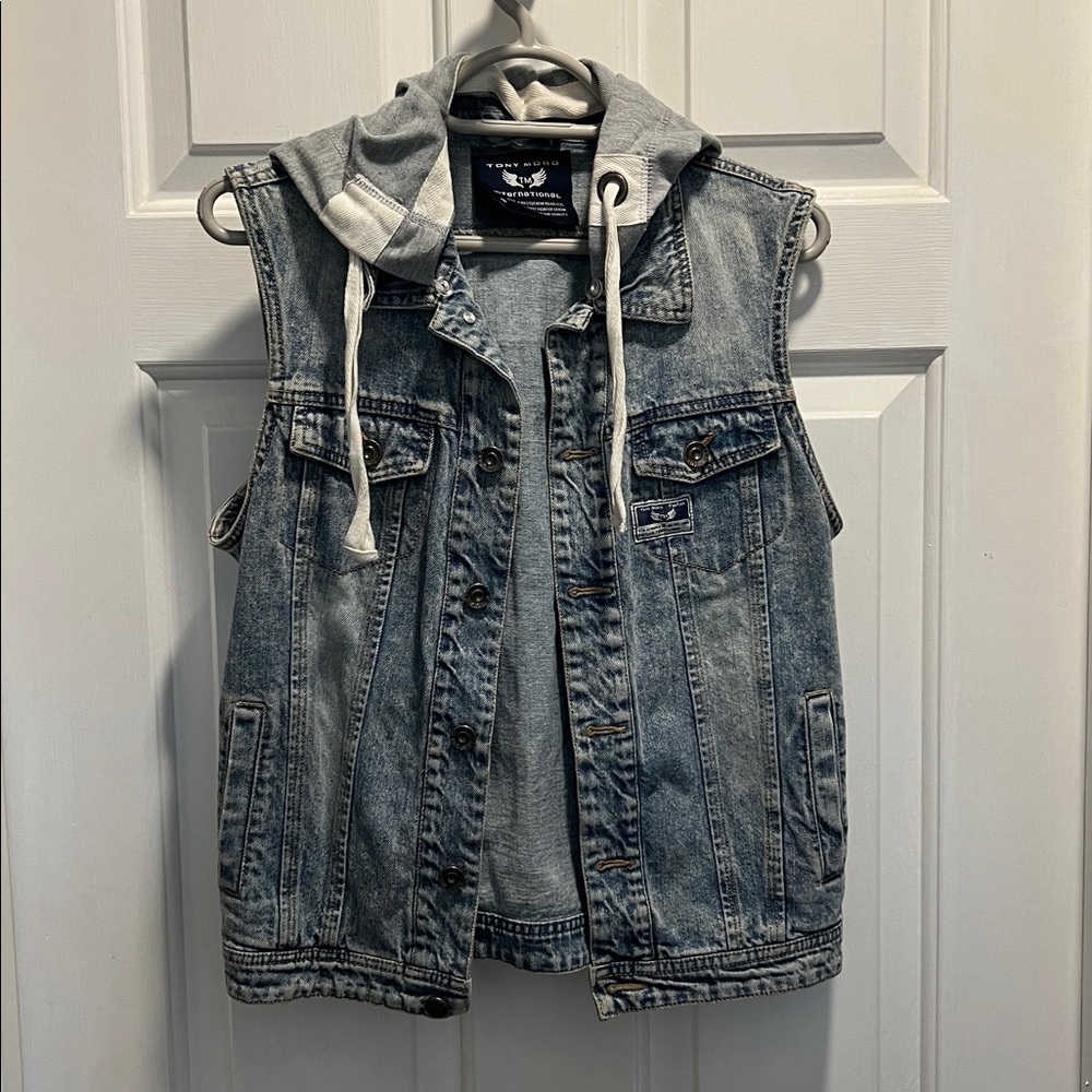 Denim Vest with Gray Hood